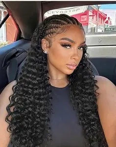 RXC【Pre Styled Braid Wigs】 with Curly End 13x6 Lace  Half Cornrows Half Deep Wave Curly Wig Invisible Lace Glueless Pre Plucked Fiber Wig Curly Bleached Knots