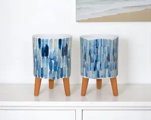 HomeRoots 517980 Blue Terra Cotta & White Ceramic 2 oz Round Raised Pot Planters - Set of 2