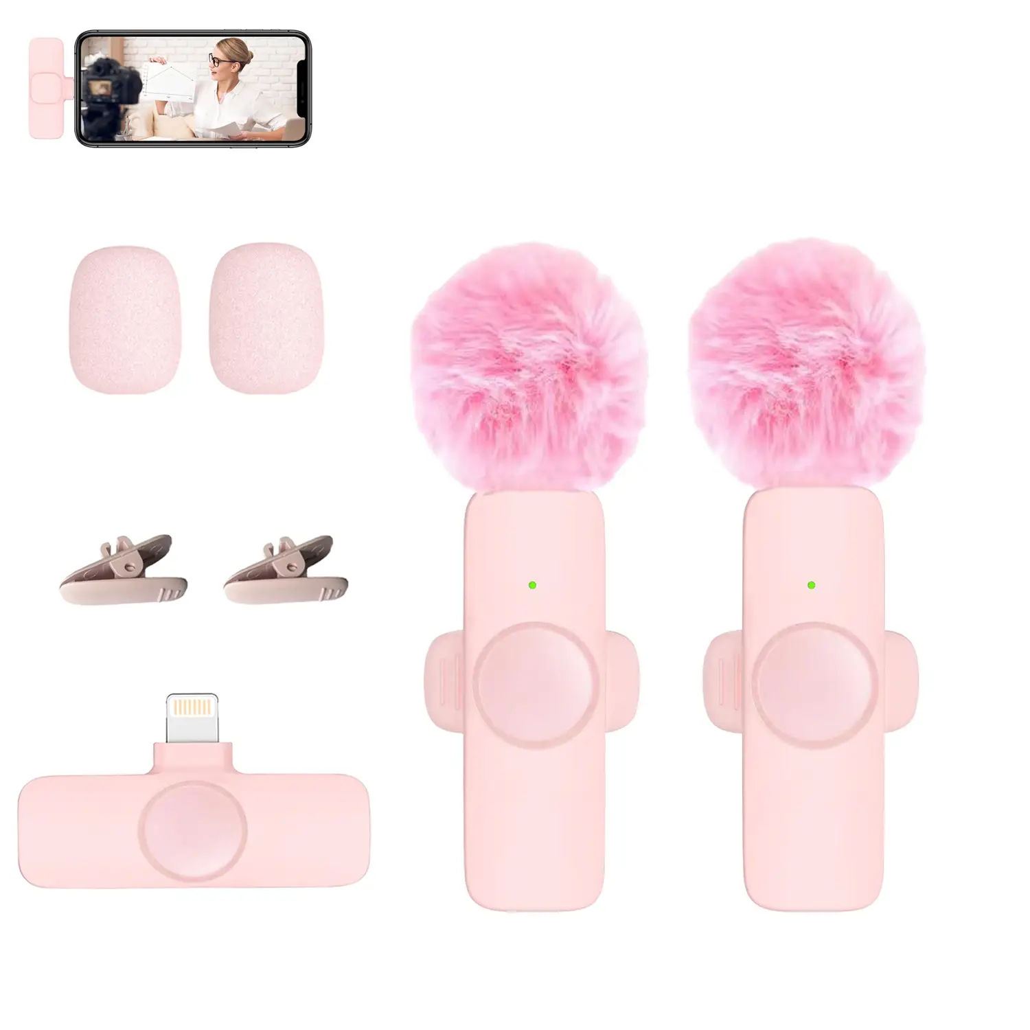 2 Pcs Pink Wireless Lavalier Mini Microphone for iPhone iPad, Professional Lapel Mics, Plug-Play,Ultra-Low Delay Noise Reduction Chip of Lapel Microph