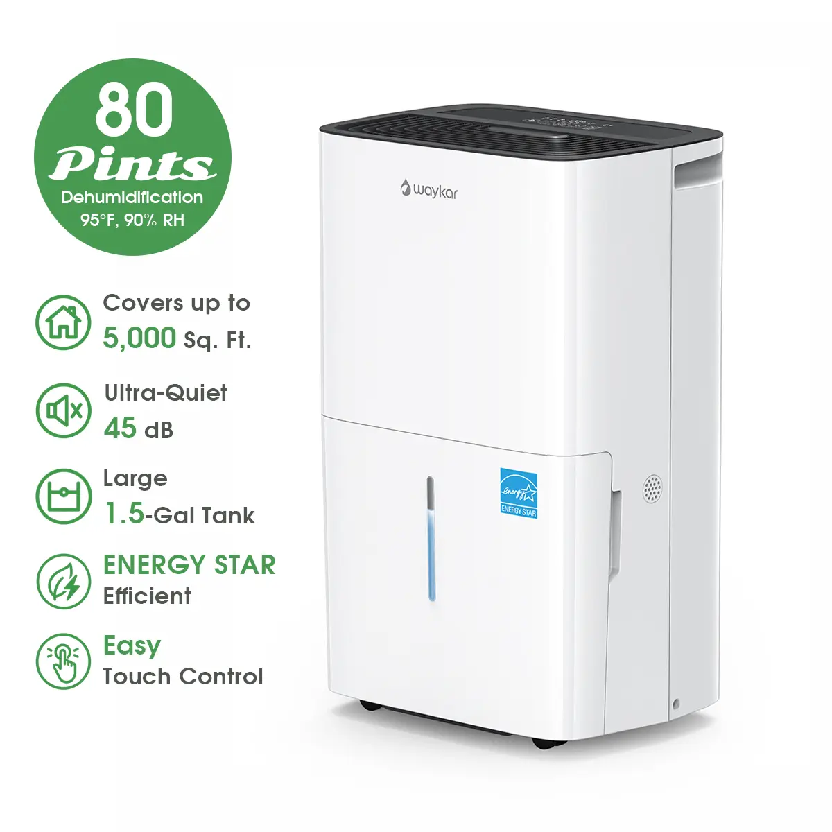Waykar 80-Pint Smart Dehumidifier for Basements & Large Rooms, Up to 5000 Sq. Ft., 45 dB Quiet, 1.45-Gal Tank, Continuous Drain Hose, Auto Defrost, Washable Filter, 24H Timer