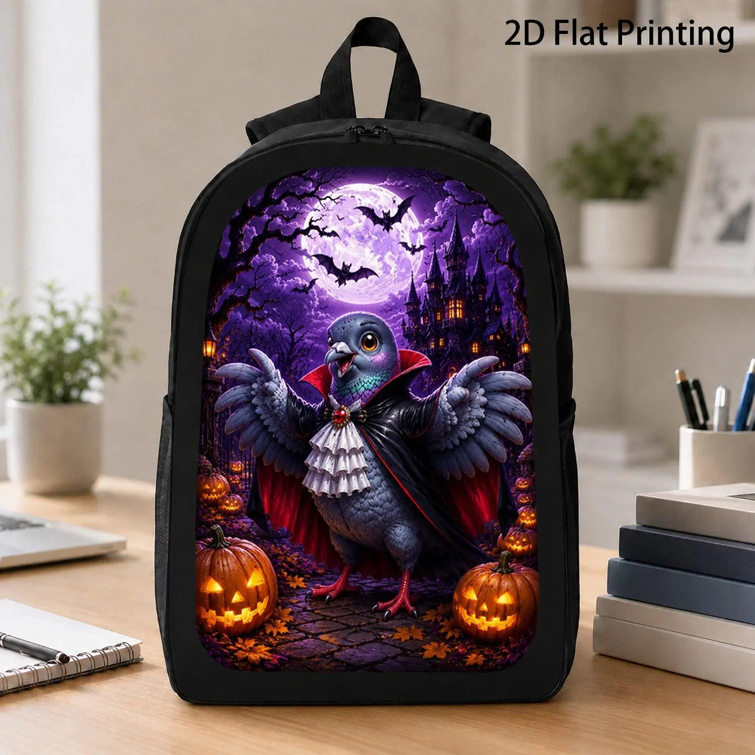 17 Inch Backpack 1pc Noble Vampire Count Pigeon Open Wings Halloween Full Moon Pumpkin Bat Print Spooky Holiday Youth Student Travel Daypack Bag