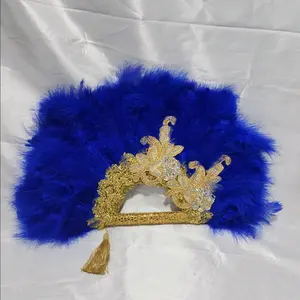 Royal blue gold trimmed feather hand fan