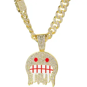 Hip Hop Long Necklace  for Men Alloy Full Diamond Pendant Miami Street Rap Accessories trendy all-match exquisite vintage  hollow heart Oil Drop Initial custom turquoise jewelry   merch keychains Blue and White Charm quality pendant necklace body chain
