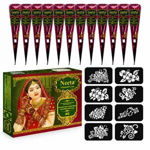 (Pack of 12) 25g Natural Henna Cones Dark Brown with 8 Stencils | Mehendi Temporary Tattoo Kit for Beginners & Professionals | Body Art Hand Design | PPD & Ammonia Free