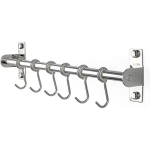 Sliding Hooks, Wall Mounted Rail, Stainless Steel Utensil Holder and Pot Lid Rack for Kitchen Tools, Towel, Pot Pan, Loofah, Spoon - Polished Finish, 6 Hooks