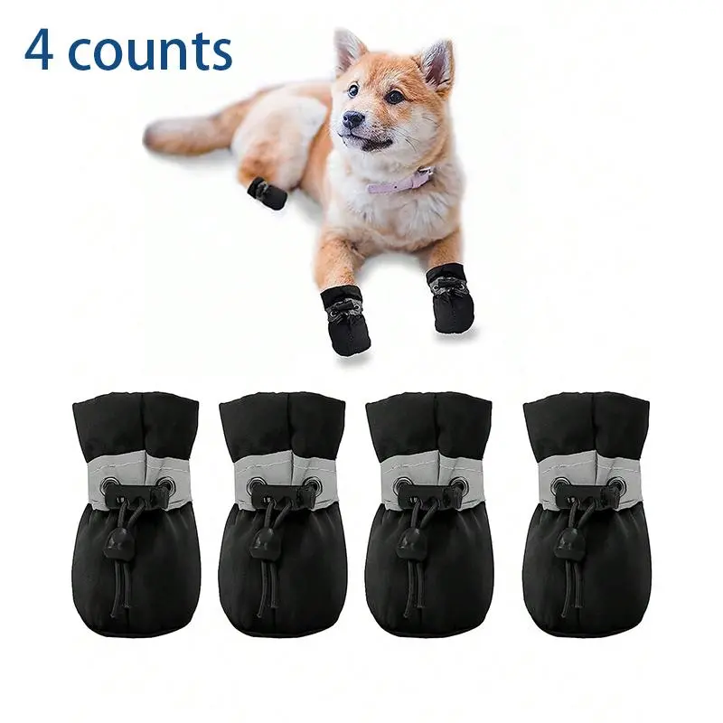 Reflective Pet Shoes, 4 Counts Waterproof Soft Bottom Dog Shoes, Non-slip Pet Boots, Oxford Cloth Pet Paw Protectors, Dog & Cat Clothing, Paw Protector Booties, Puppy Shoes