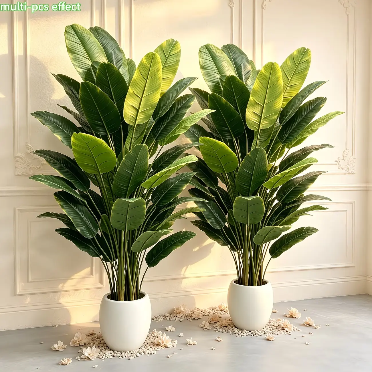 2-Pack High-Quality PVC Antiallergenic Safe Minimalist Tropical Artificial Bird of Paradise Plant Set - Fake Banana Leaf Palm Tree, 35.4 in No-Maintenance Faux Floor Table Top Greenery for Indoor Living Room Home Decor Housewarming Gift