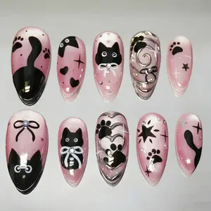 Black Pink Cat Eye Press On Nails, Sweet Cool Glitter Almond Nails, Cute Cat & Paw Print, Star Bow & Black Cat Design, Handmade Heart Lolita Style Cartoon Removable Press On Nails, Almond Shape Nails