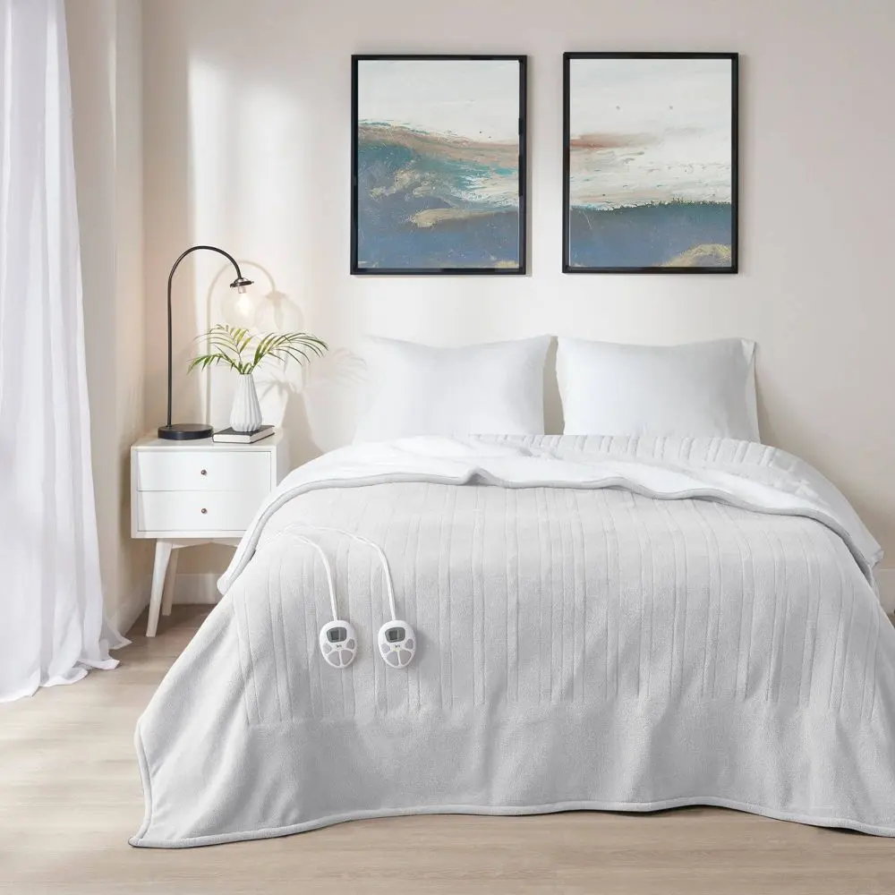 Serta Twin Heated Blanket - Cozy Style, Fleece to Faux Shearling Construction, Light Gray