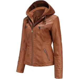 Faux Leather Jacket Women Motorcycle Coat for Biker with Removable Hood Plus Size