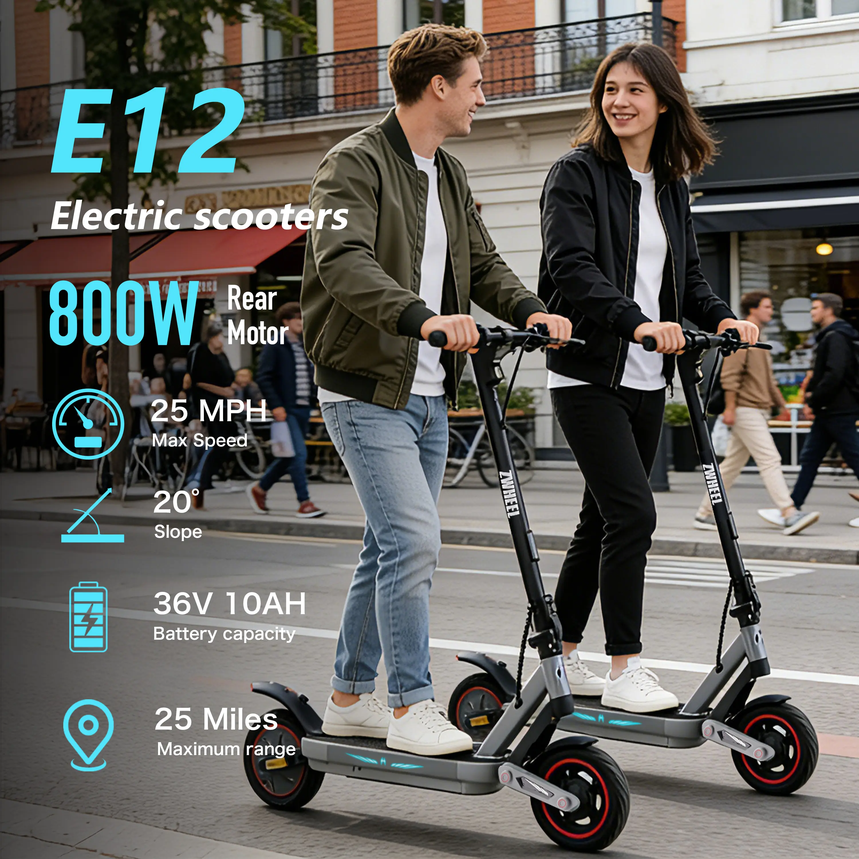 ZWHEEL E12 PLUS Electric Scooter, 800W Rear Motor, 25 MPH Speed, 36V 10ah, 25 Miles Long Range, 10 Inch Tubeless Tires, Front & Rear Dual-Side Shock Absorbing Arm System, Disc Brake system,Foldable E-Scooter For Adult, APP Control, LED Light Scooter