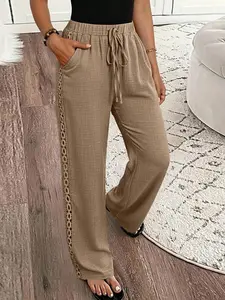 Women's Denim Effect Linen Blend Pants With Lace Hem Fall Cloth For Women