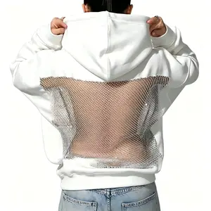 Women's Rhinestone Fishnet Backless Hoodie - Oversized Longsleeves Pullover Sweatshirt, Y2K Aesthetic Hollow-Out Mesh Detail Streetwear, Moisture-Wicking Sports Outerwear for Club & Street Style Womenswear
