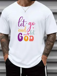Men'S Let Go and Let God Christian Faith T-Shirt - 100% 180GSM Heavyweight Short Sleeve Round Neck Casual Tee with Multicolor Inspirational Lettering & Design - All-Season Comfort for Church, Casual Attire, Christmas Gifts - Religious Apparel for Me