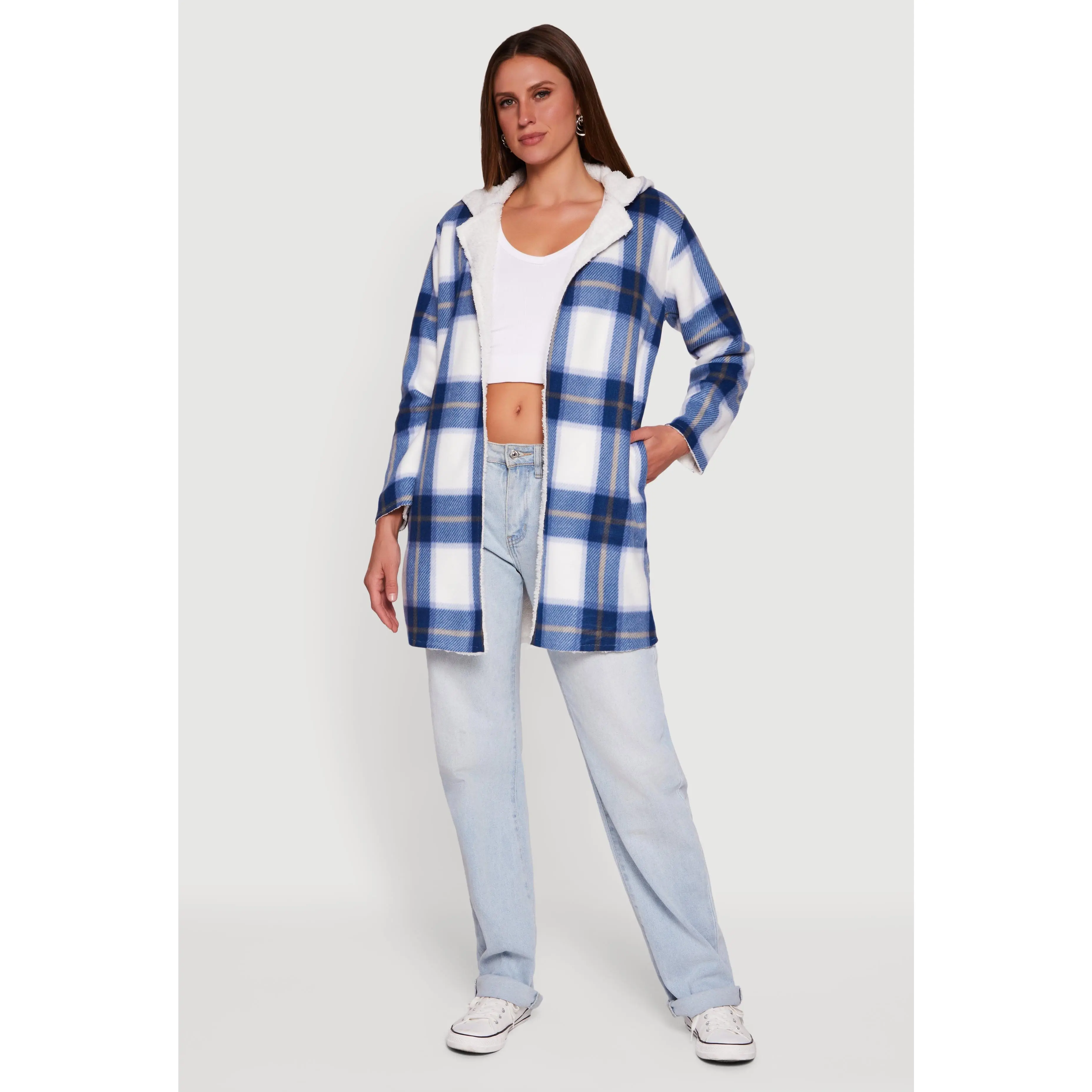 Plaid Patterned Hooded Open Front Sherpa Jacket