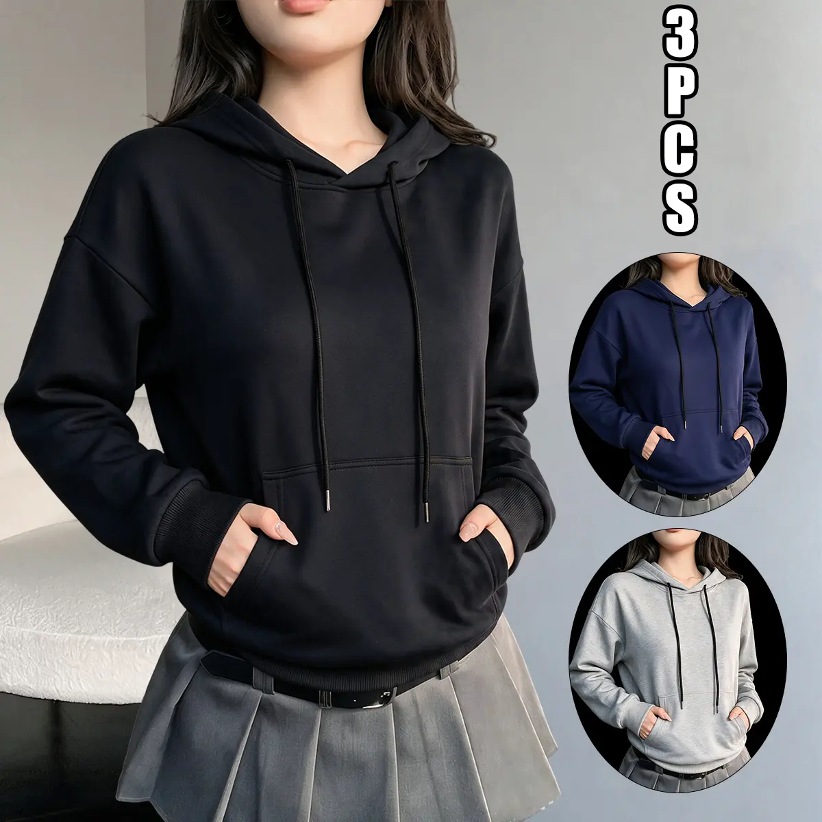 JOGWAVE 3PCS women’s basic hoodie, classic street-style pants set, suitable for all seasons, ideal for everyday cycling wear, loose-fit women’s hoodie, unisex casual long-sleeve streetwear, essential hoodie for a relaxed street aesthetic,  hoodies women