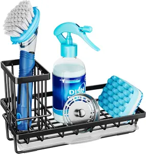 Sponge Holder for Kitchen Sink - Kitchen Sink Caddy Organizer with Removable Drip Tray for Countertop Dish Soap Dispenser Brush Storage Accessories 304 Stainless Steel - Black