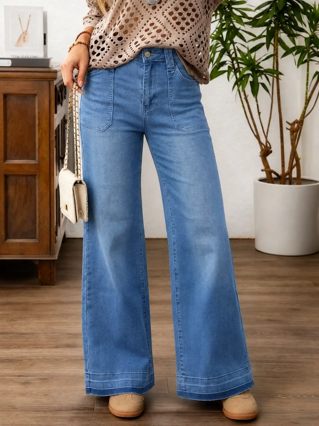 Wide Leg Jeans Women Stretchy Sweatpant Jeans High Waist Casual Trendy Straight Denim Pants with Pockets