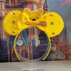 Handcrafted Yellow Bear Mouse Ears Headband Crown with Soft Lining for Comfort and Durability Perfect for Theme Park Days and Special Occasions Velvet Ears Sky Blue Bow Sparkle Crown