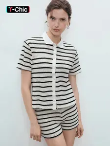 Europe and the United States casual vacation striped lapel buttons short section shirt polo shirt top + shorts two-piece suit