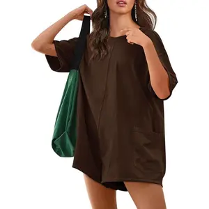 Imily Bela Comfort Baggy Tee Rompers for Women Summer Lady Athletic Oversize Romper Short Sleeve Jumpsuit Basic can be Worn on Both Sides Onesie with Pockets Casual Womenswear Overalls