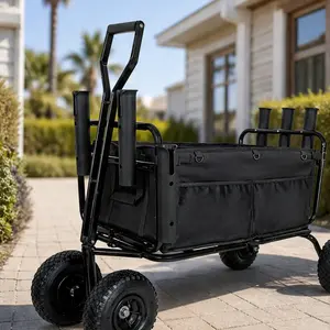 ARCH Heavy Duty Collapsible Fishing Beach Cart Wagon with 9.85-Inch All-Terrain Wheels, 550lb Capacity, Steel Frame, Rod Holders, Umbrella Holder, Storage Pockets, Black, for Sand, Camping, Garden, Outdoor Activities, Black Color Options