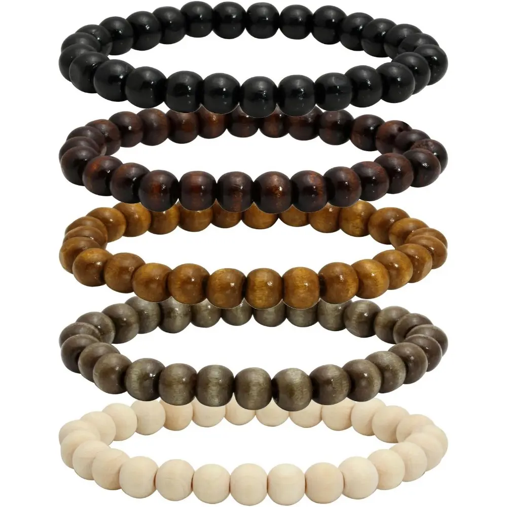 5PCS Wooden Beaded Bracelets for Men and Women, Elastic Bracelets, Simple Fashion Bracelets Set