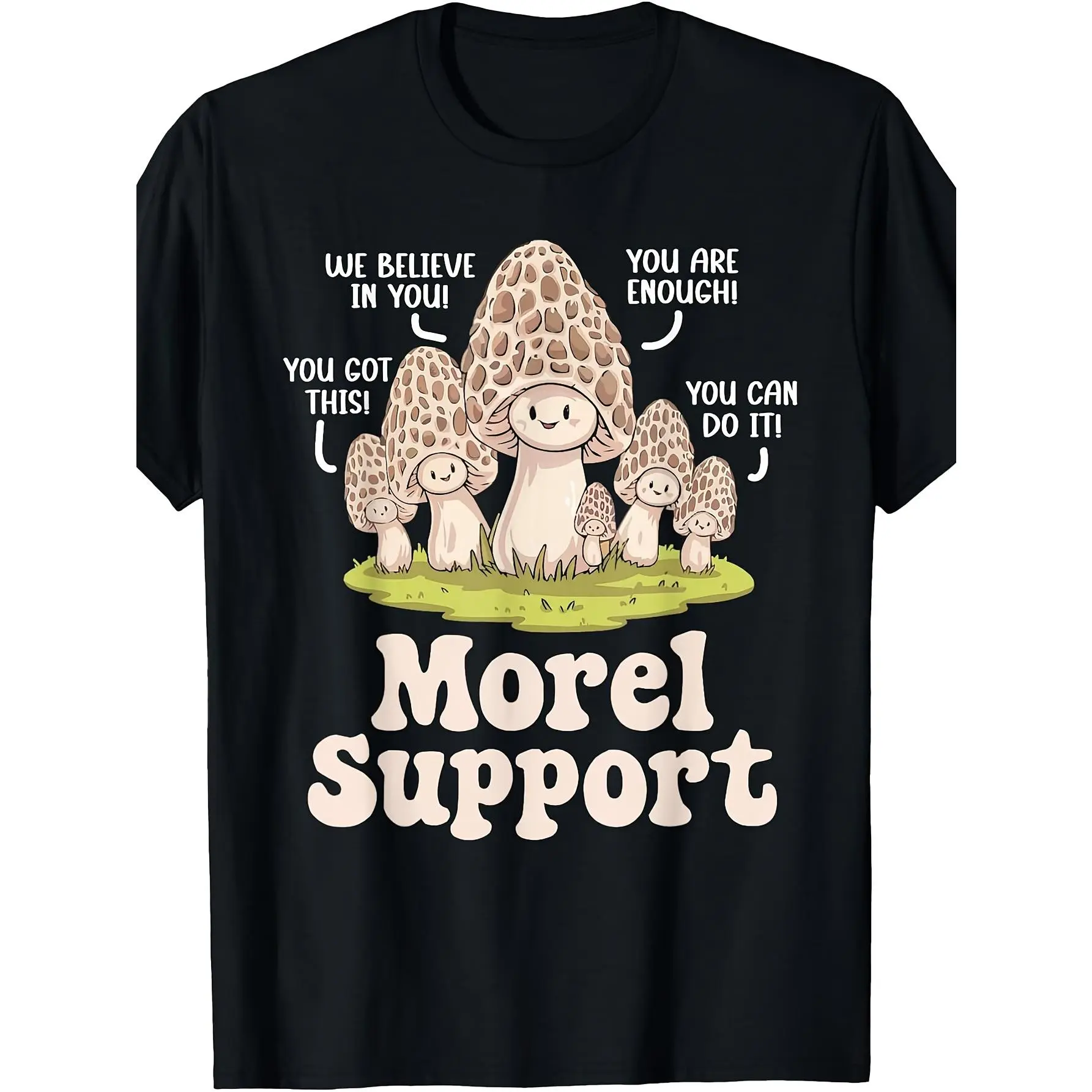 Menswear Classic 'Morel Support' Mushroom Print Top, Men's Short Sleeve Round Neck Tee for All Seasons, Relaxed Fit, 100% Cotton, Casual, Graphic Print, Crew Neck, Streetwear, Tshirt, Digital Print