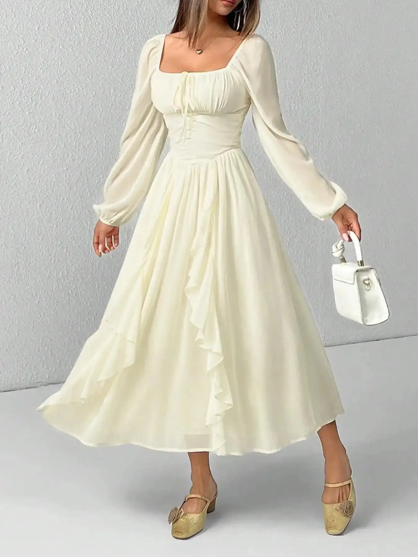 Women's Trendy Ruffled Lantern Sleeve Long Cute Slim Dress, Formal Elegant Autumn Wedding Guest Renaissance Style Back-To-School Graduation Gown,milkmaid dress,misty white Dresses, elegant silhouette, timeless appeal