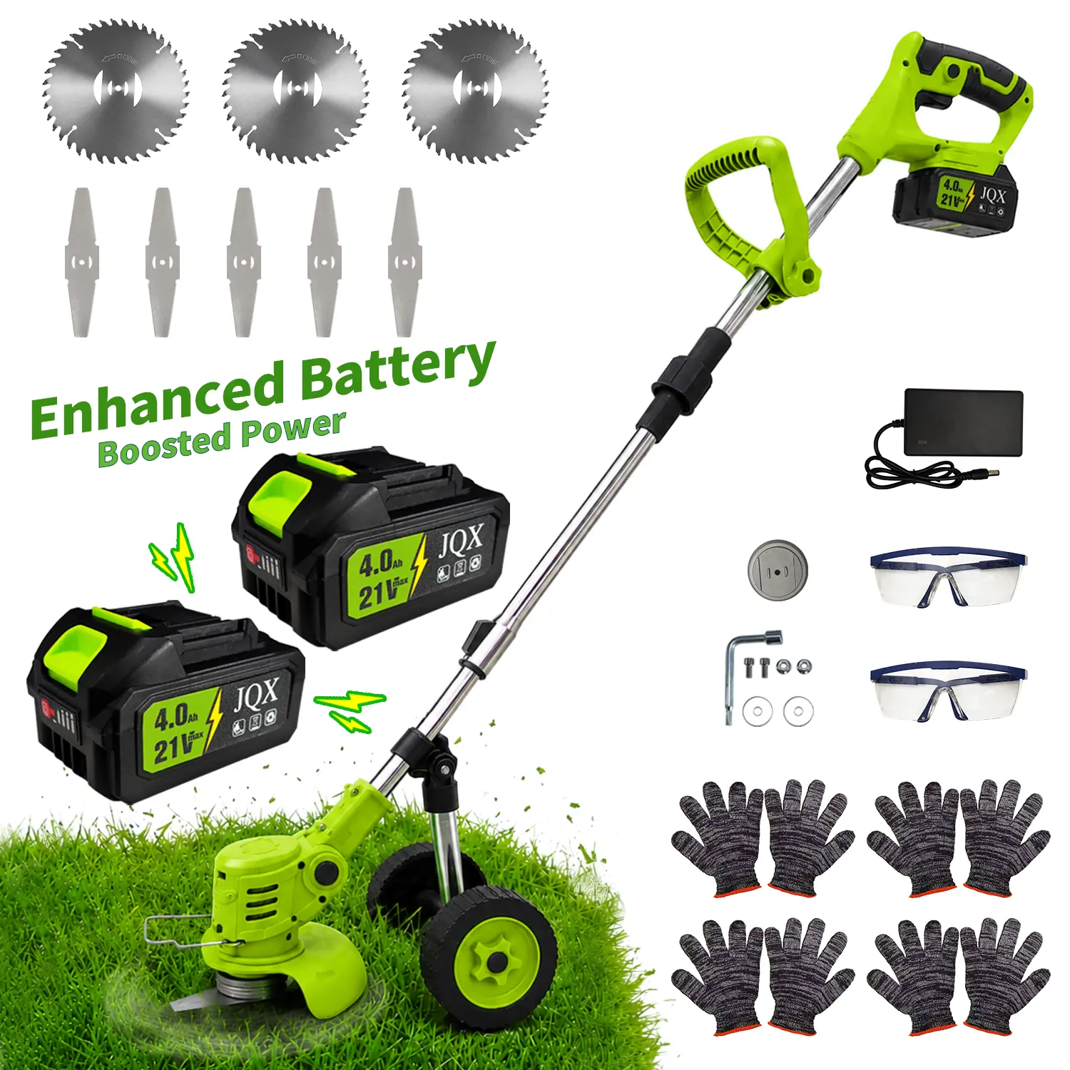 Cordless Weed Wacker with Wheels, Telescopic Brush Cutter with Tungsten Steel Saw & Metal Blades, 21V Max 3-in-1 Electric Trimmer for Yard Work, Women-friendly, Lawn Mowing