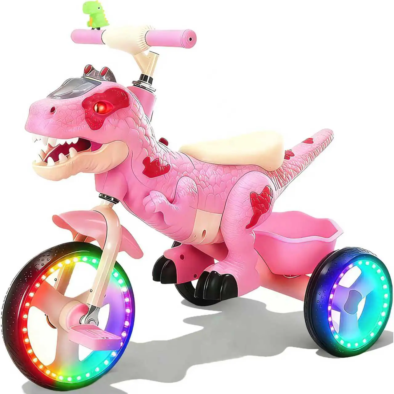 Dinosaur Tricycle for Toddlers, Carbon Steel Kids Trike with Melody Music, LED Lights, Big Wheel, Storage Basket, Horn, Children's Day Gift for 3-7 Year-Olds