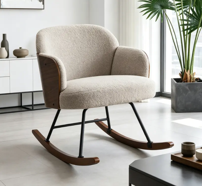 Plush Beige Rocking Chair with Walnut Frame, Smooth and Stable Rocking Motion for Living Room Indoor Furniture