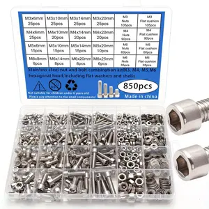 850pcs Cylindrical Head Hex Socket Bolt, Nut & Washer Assortment Kit | 4 Specs (M3/M4/M5/M6) 16 Sizes with Flat Washers | Heavy-Duty Fasteners Hex Nuts for DIY, Furniture, Automotive & Industrial Repairs