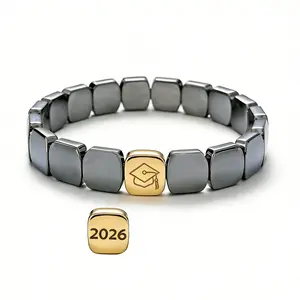 Graduation Gift for Men | College Graduate Hematite Beaded Bracelet, Black Stone Keepsake Jewelry, Elastic Stretch Fit Bracelet Gift for Students