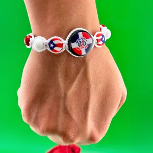 Dominican Puerto Rico & USA Flag Bracelet Adjustable Stretch Multilayered Bangles Handmade with Pride Macramé Thread
