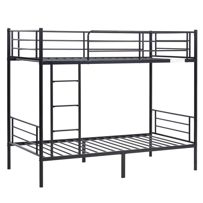 Iron Bed Bunk Bed with Ladder for All Ages Twin Size Black Bedroom Bedframe with 33.5cm Fence & 26.5cm Storage Space Modern Design