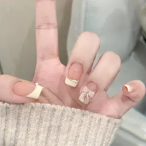 Short Square Fake Nail, 30pcs Colorblock Faux Pearl & Bow Decor Rhinestone Decorations Fake Nail with Nail File & Tape, Removable Nail Art Artificial Full Cover, Girls DIY Manicure