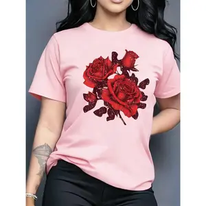 100% Cotton, Red Rose Sticker Fashion Art Print Design Pattern Printed T-Shirt, Short Sleeve Round Neck Casual Top for Summer and Spring, Lightweight Soft Comfortable Fabric, Birthday Gift, Friend Gift, Sister Gift