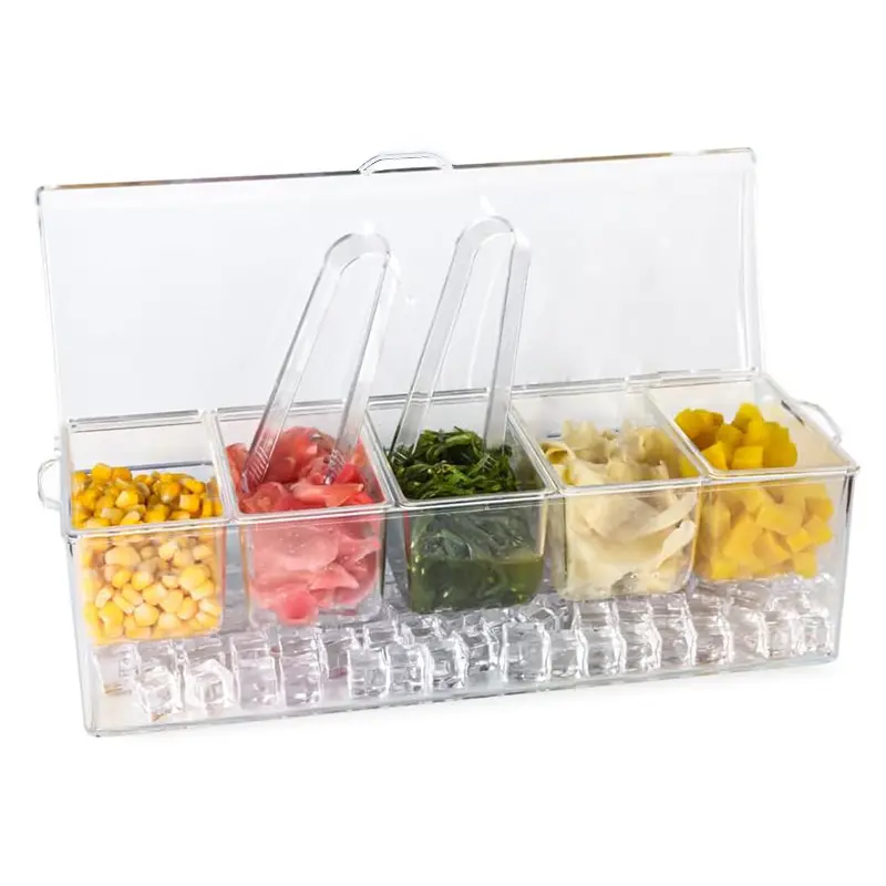 Clear Plastic 5-Section Fruit & Salad Tray with Lid, 5 Forks & 2 Clips – Ice Chilled Snack Organizer for Home, Party, Buffet, Taco Bar, Kitchen Tableware, Portable Condiment Server, Stackable, BPA-Free, Reusable