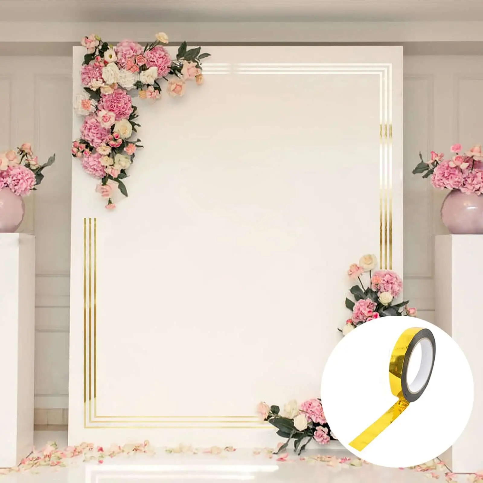 3/8 inch Gold Metallic Film Adhesive Tape, 100 Yds Polyester with Acrylic Backing - DIY Floral Craft Decor Tape for Party Favor, Gift Wrapping & Packaging Needs