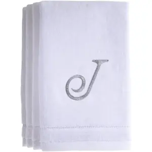 Monogrammed Towels Fingertip, Personalized , 11 x 18 Inches - Set of 4-  Embroidered Towel - Extra Absorbent  Cotton- Soft Velour Finish - For Bathroom/ Kitchen/ - Initial J (White)