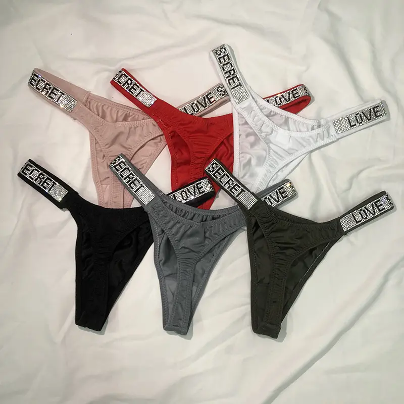 Sexy Rhinestone Thongs - Stretchy Low Waist Cotton Lined Spandex Panties with Solid Color Pattern - Hand Washable, Drop Waist, Knit Fabric, V-Strings Style Ladies Sexy Panties Rhinestone Love Decor Panties