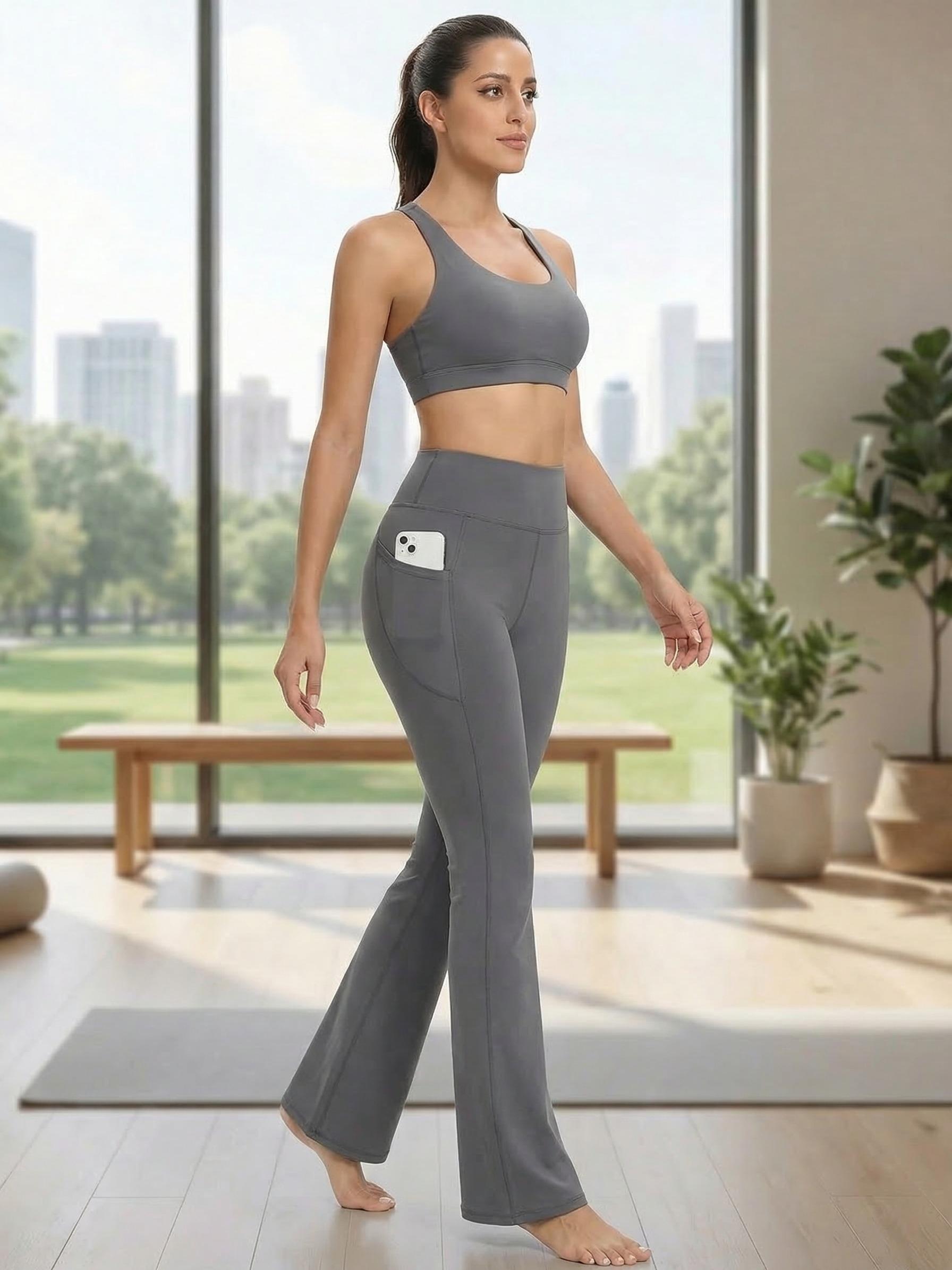 TCVC Women's Spring Summer Solid Color High Waist Pocket Sports Pants - Wide Leg/Flare/Straight Leg, Thin Fabric, Versatile, for Casual Daily Wear, Running, Yoga & Fitness