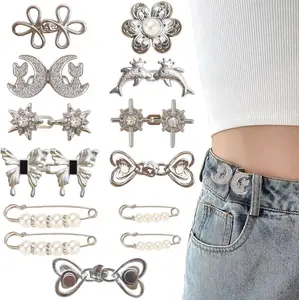 Pant Waist Tightener 8 Styles Adjustable Silvery Buttons Pins for Loose Jeans Reusable No Sewing Tools Required High-Quality Metal Pearl Pins