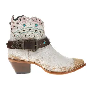 Corral Boots Womens Studded Harness Pointed Toe Pull On  Casual Boots Ankle Mid Heel 2-3" - White
