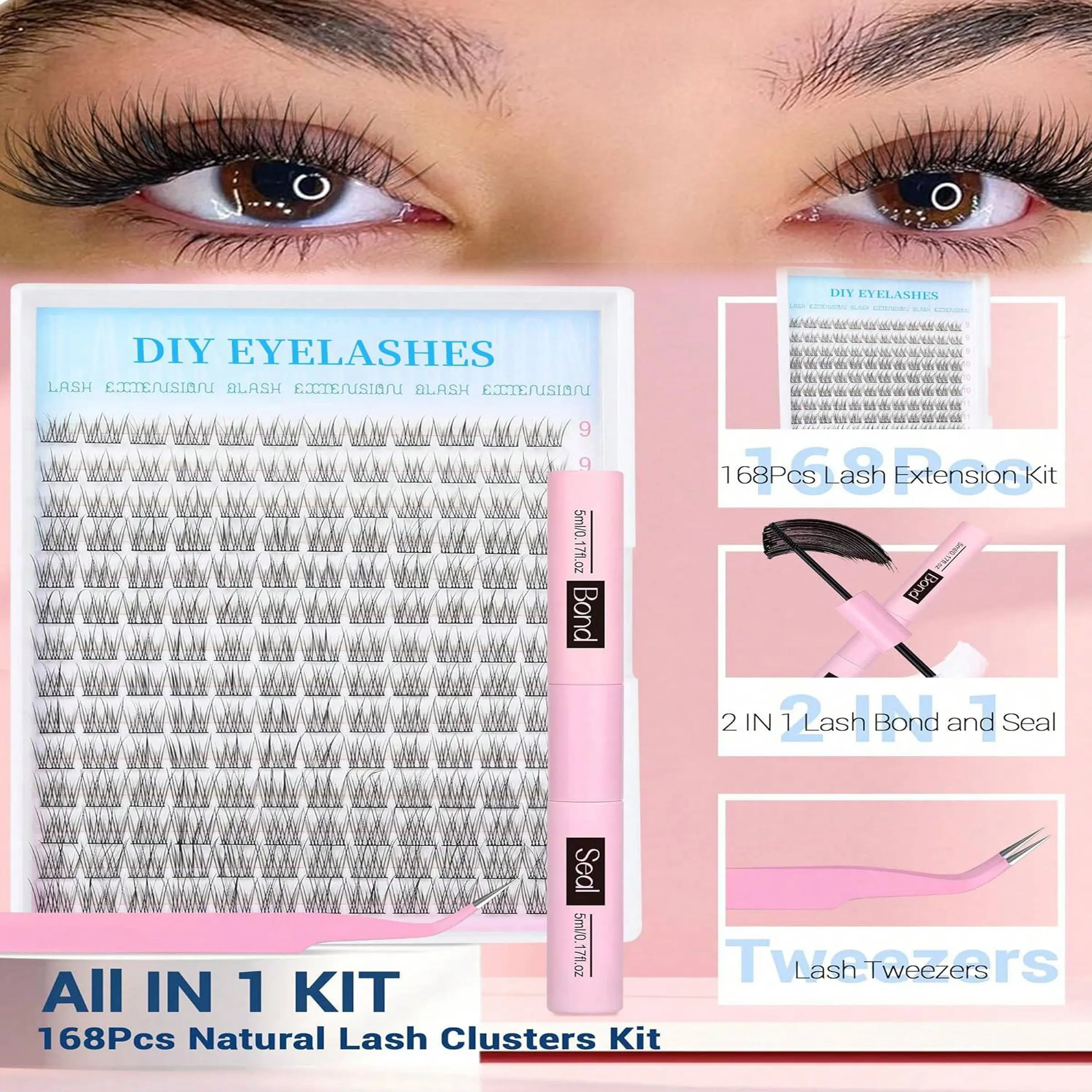 168 Pcs Natural D Curl False Eyelash Extension Kit, Lashes Extension Set, DIY Eyelash Extensions, Lightweight Lashes 9-12mm, Includes Glue & Applicator, Home DIY Use, Eyelashes Extension