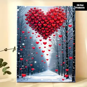 2D flat winter snowfall romantic heart snowy forest wall art — gallery-wrapped canvas suitable for bedroom and living room; modern farmhouse/winter decor featuring falling snowflakes; 2D flat
