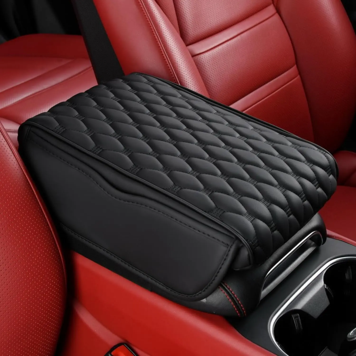 12.6x8.3" Car Armrest Cushion Pad Auto Center Console Cover With Storage Bag Memory Foam Arm Rest Console Pad Leather Universal Fit for Most Vehicles (Thick Pad,Black)
