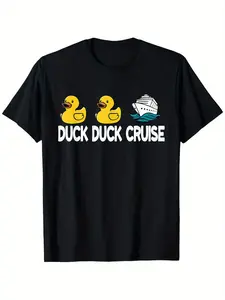 Men’s & Women’s Duck Cruise Print T-Shirt – Funny Family Matching Outfits, 100% Cotton Oversized Relaxed Fit, Black with Yellow Rubber Duck & Cruise Ship Design Fabric Menswear duck christmas shirt