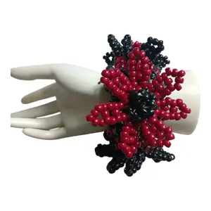 Kandi Gothic Black and Red Flowers on a Kandi Cuff Handmade-to-Order Black Skulls